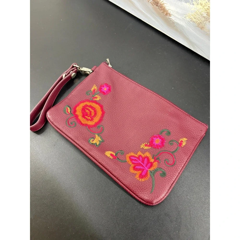 Jewell by Thirty-One Burgundy Faux Leather Floral Embroidered Wristlet Clutch